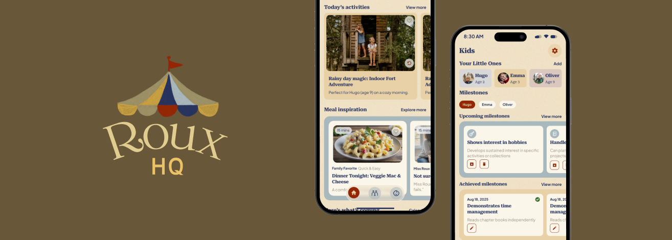 Roux HQ family app showcase with Home and Kids screens