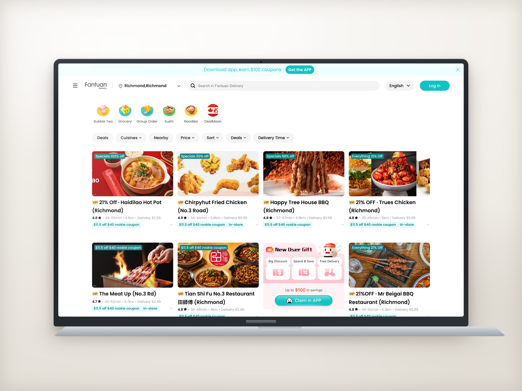 The Fantuan ordering homepage shown on a laptop