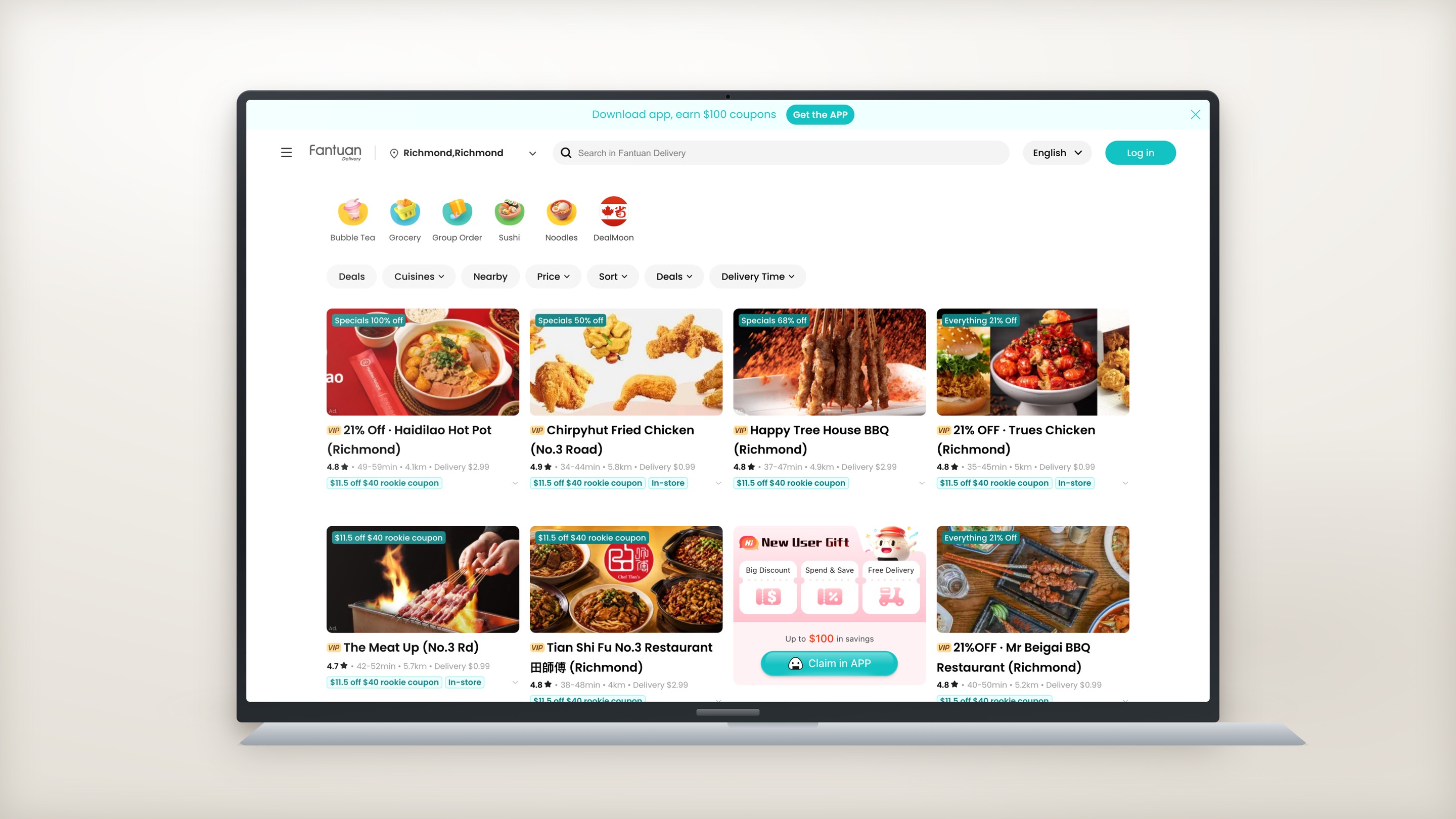 The shipped Fantuan ordering homepage shown on a laptop