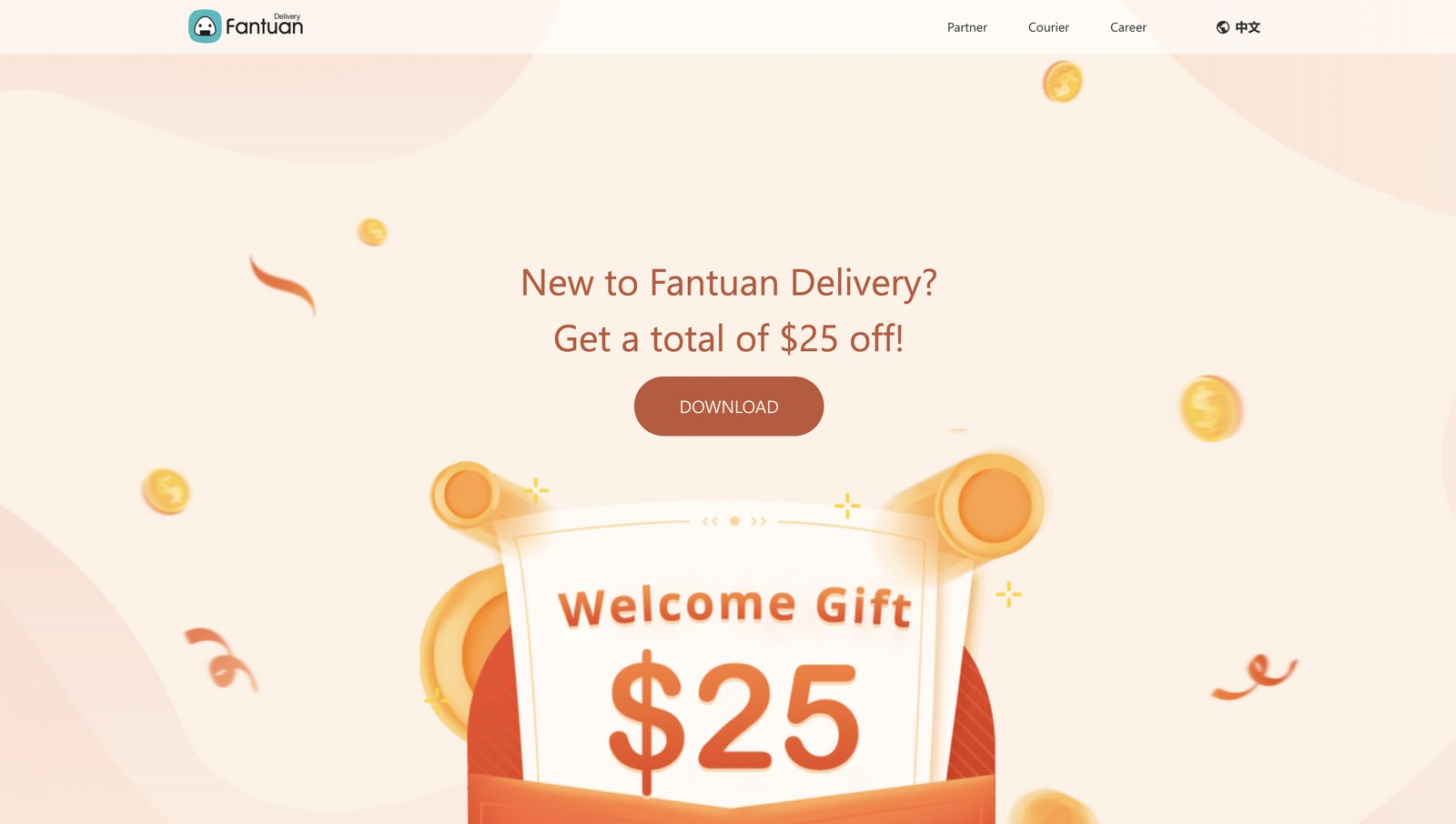 The original marketing site: a hero reading "New to Fantuan Delivery? Get a total of $25 off!" with a DOWNLOAD button