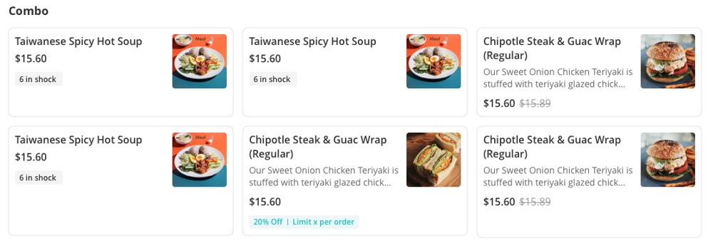 Dish cards in the early direction, showing name, price, a stock tag and a thumbnail, with no add control