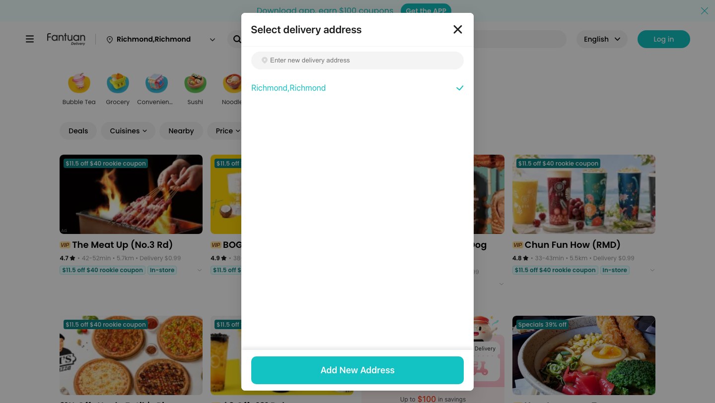 The shipped address modal centred on a masked page, with Add New Address pinned to the bottom of the panel
