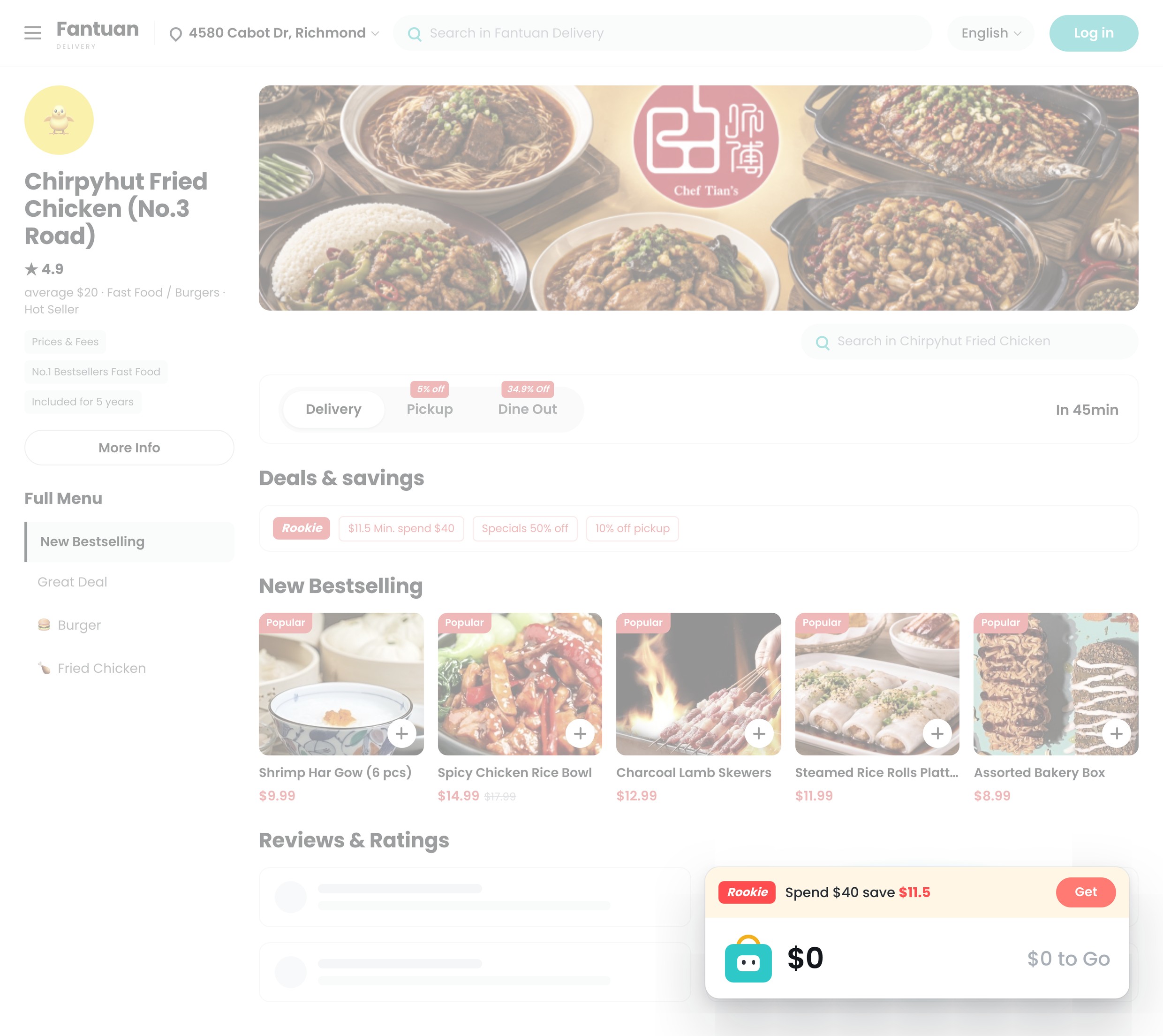 The shipped merchant page dimmed behind its persistent floating cart, which carries a bag icon, a running total and a spend-and-save strip