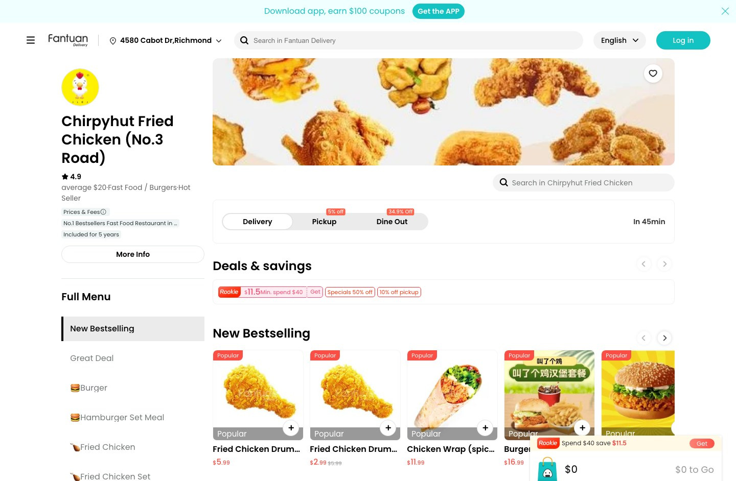 The shipped merchant page for Chirpyhut Fried Chicken: the merchant name, rating and full menu run down the left, a dish photo banner and a merchant search sit at the top, and the Delivery, Pickup and Dine Out control is ringed directly above Deals and savings and the New Bestselling dish cards