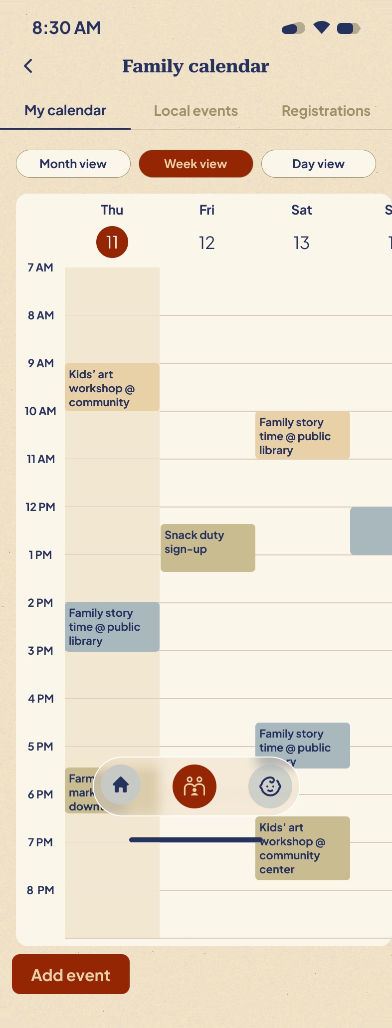 Roux HQ week view with colour-coded family events