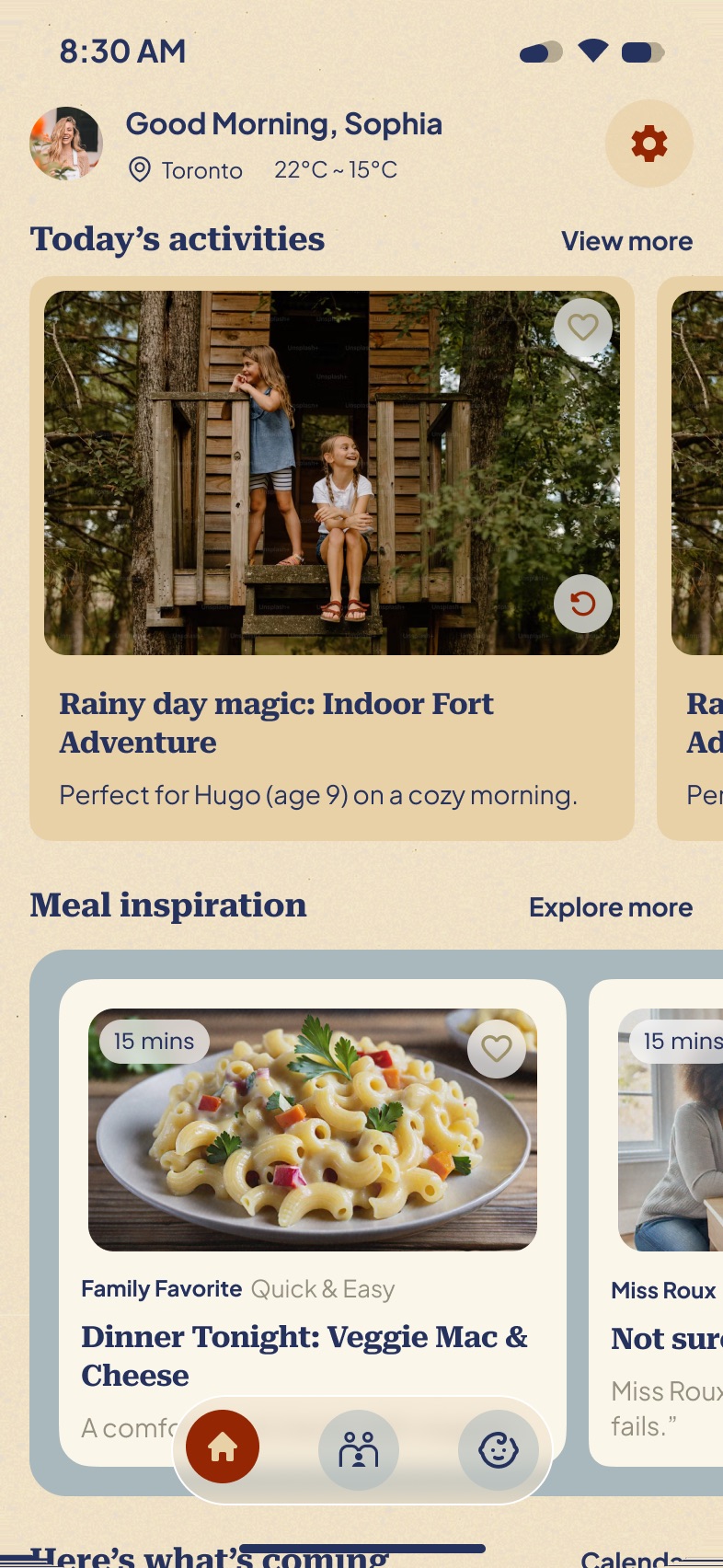 Roux HQ home screen showing today's activities and meal inspiration