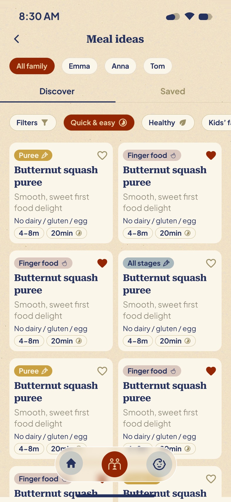 Roux HQ meal ideas library, filtered per child