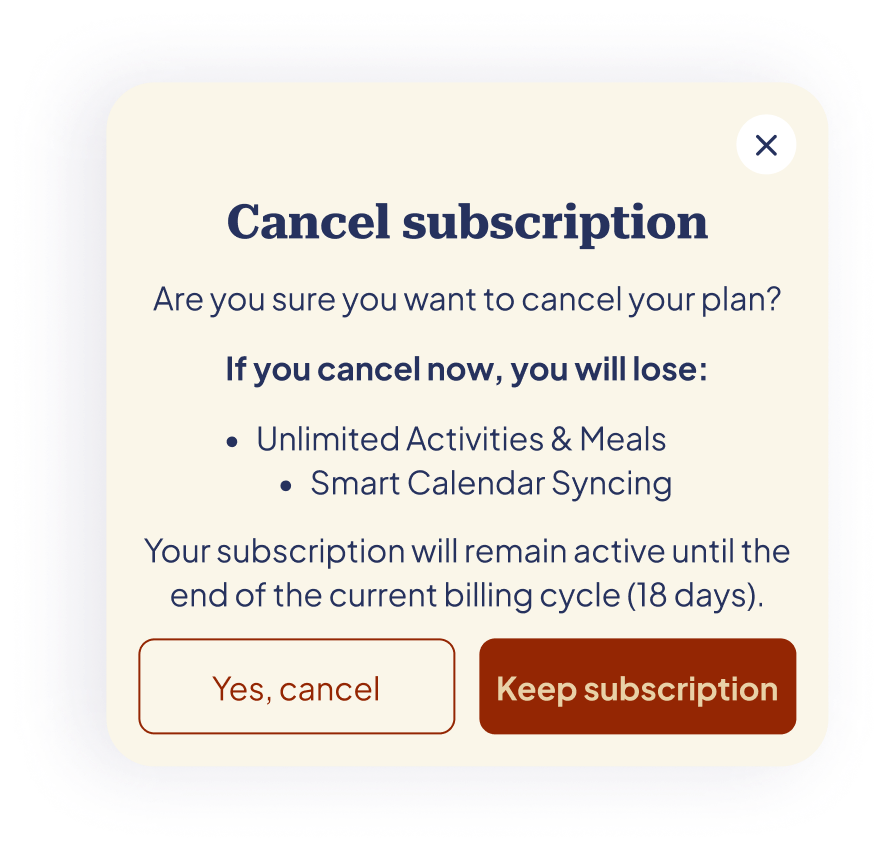 Cancel subscription dialog listing what is lost