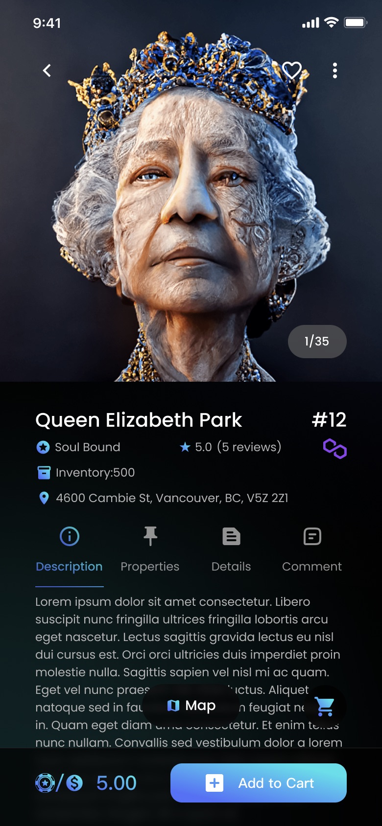 Queen Elizabeth Park NFT detail, showing a real Vancouver street address